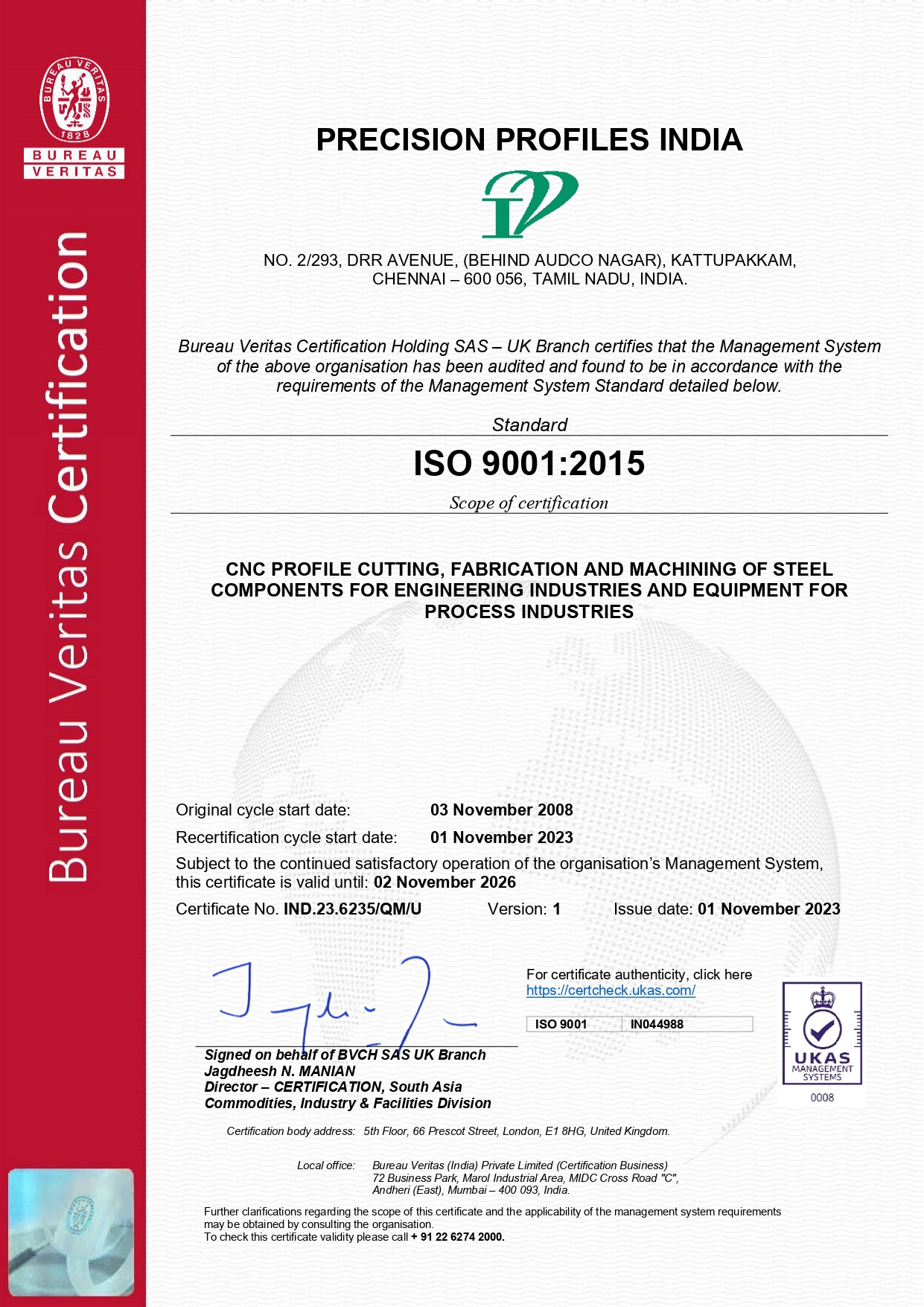 ISO 9001:2015 Certification - Precision Profiles India